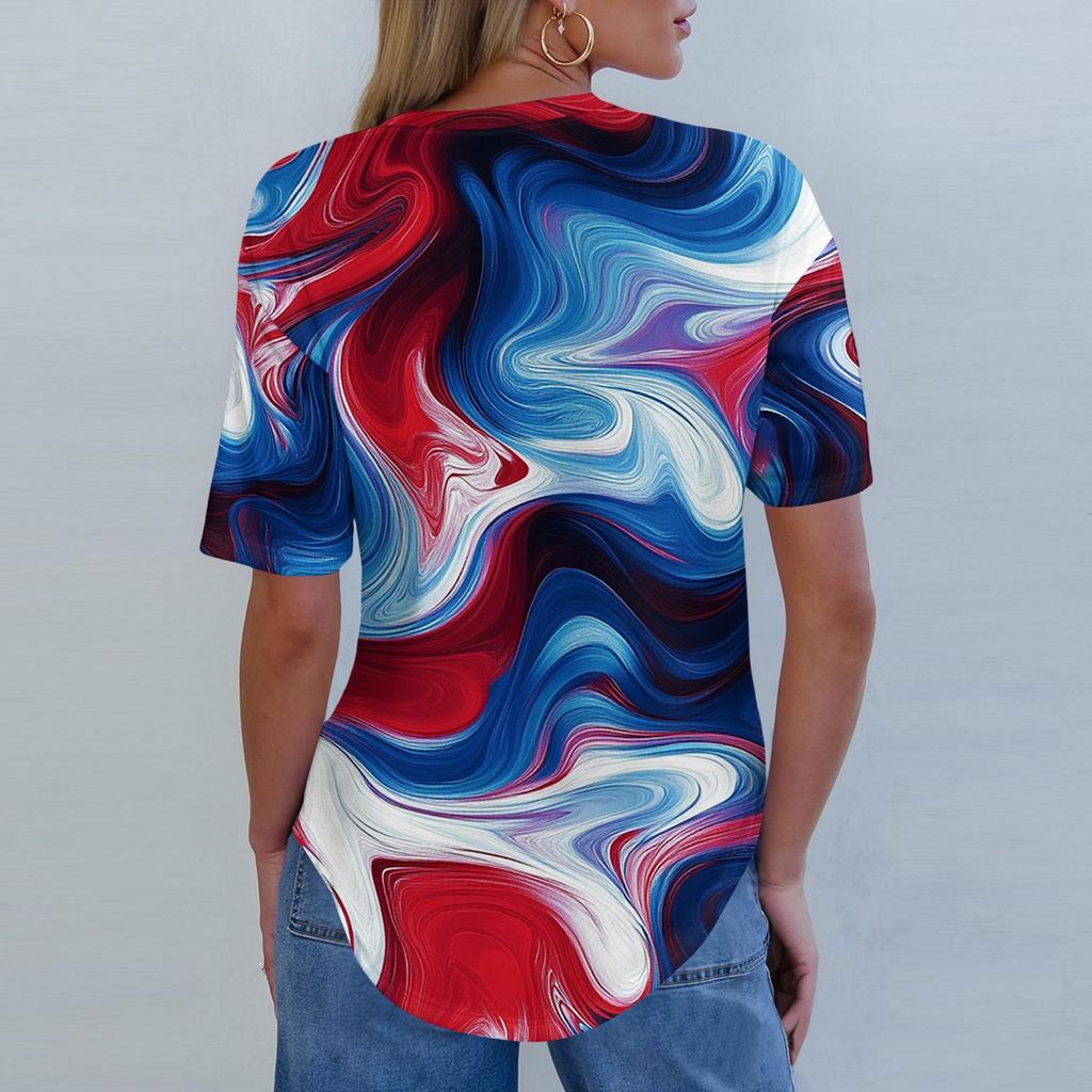 Short Sleeve Womens Tops Summer T-Shirts Print V Neck Casual Basic Tee Button Shirts Tunic Tops Independence Day