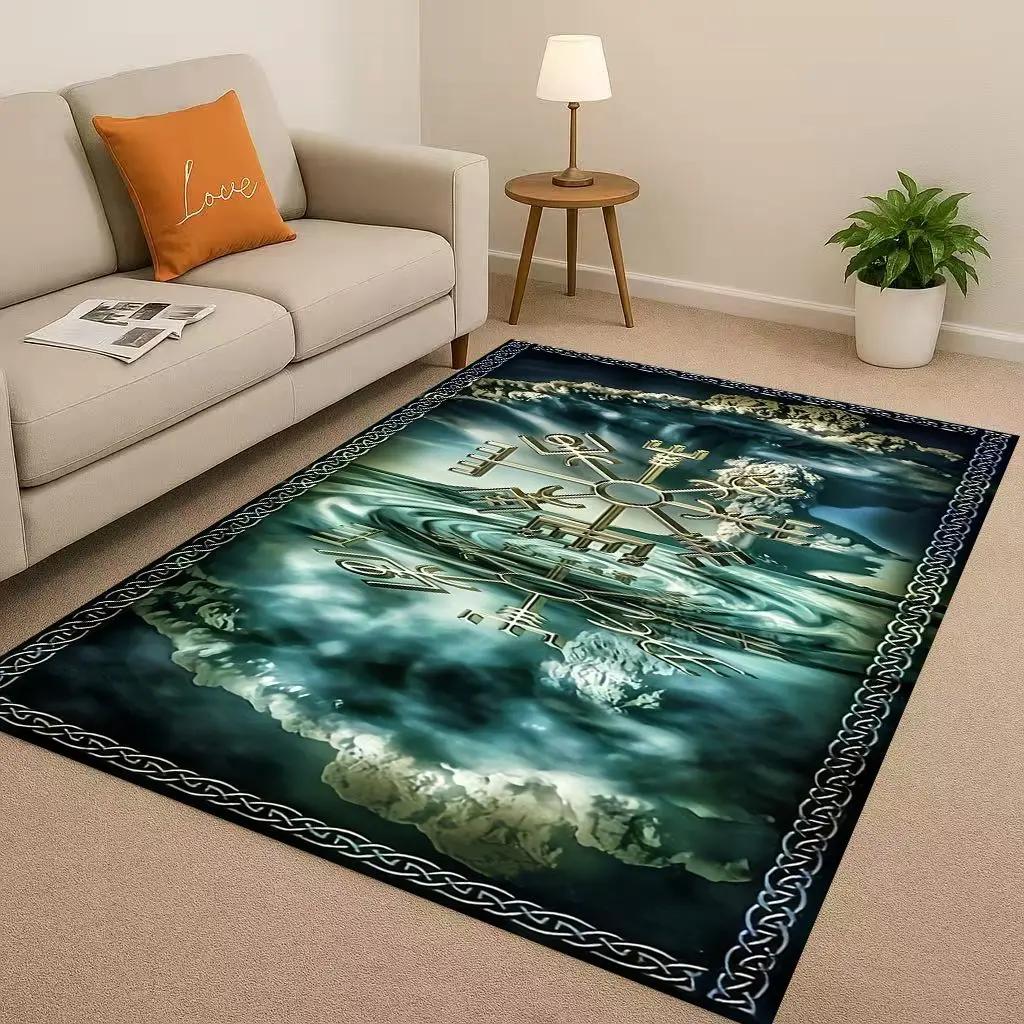 3D severský vikingský totem Vegvisir runa Valhalla Valknut Protiskluzový koberec do obývacího pokoje Měkký koberec do ložnice k pohovce, Domácí rohožka