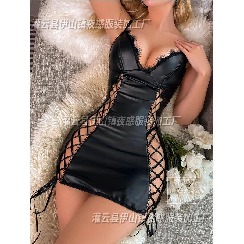 nightgown black patent leather sexy temptation strap hip skirt nightclub pole dance uniform