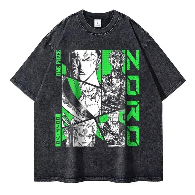 Roronoa Zoro T-Shirts Vintage Washed Anime One P-Piece T-Shirt Streetwear Oversized L-Luffy Manga Tops Tees 100% Baumwolle