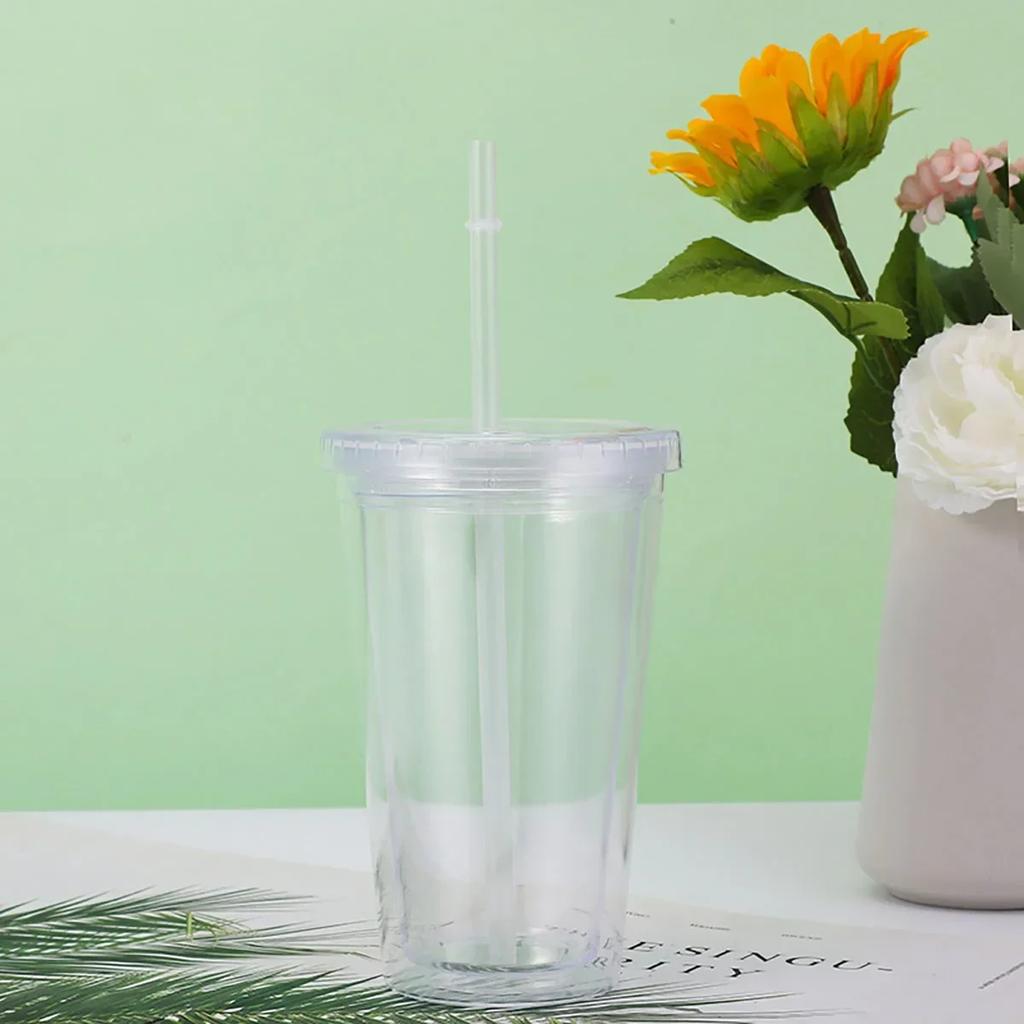 1pc-Reusable Double-layer Plastic Transparent Drinking Cup Water Bottle with Lid Straw Cup Outdoor Drink Tea Milk Mug Tools