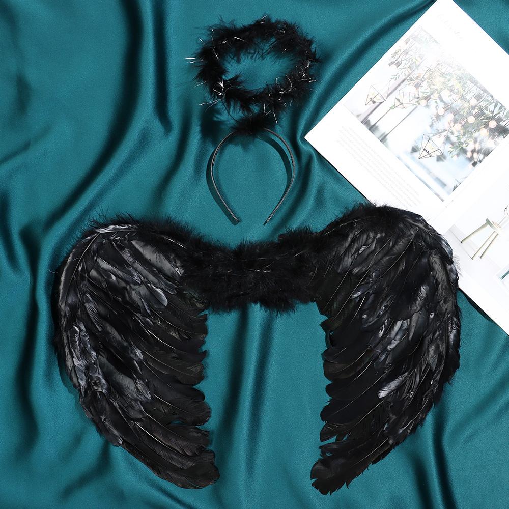Mustvalge Cosplay haldja uhke kleit, rekvisiidid Angel Wings ja halo Halloweeni kostüüm, sulgede tiivad