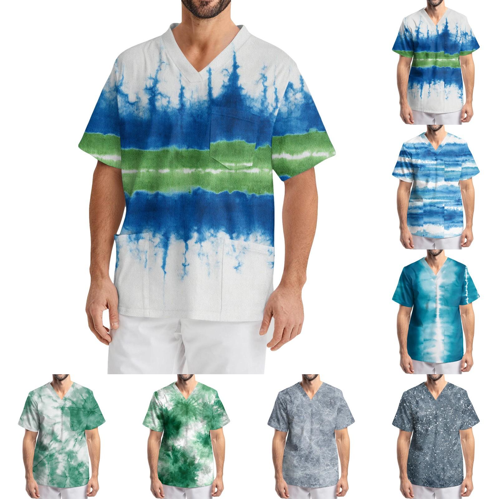 Мужская рабочая блузка с короткими рукавами и v-образным вырезом с принтом топ с нагрудным карманом L 1478₽