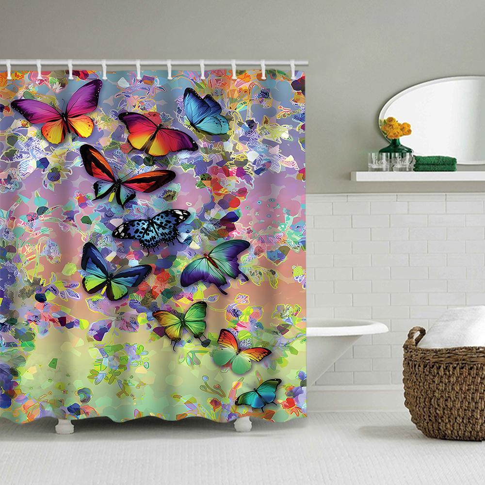 1/4 Colorful Butterfly shower Curtains, Toilet Seat Decoration, Shower Curtain with Carpet and Toilet Lid, 12 70.8x70.8 inch Hoo