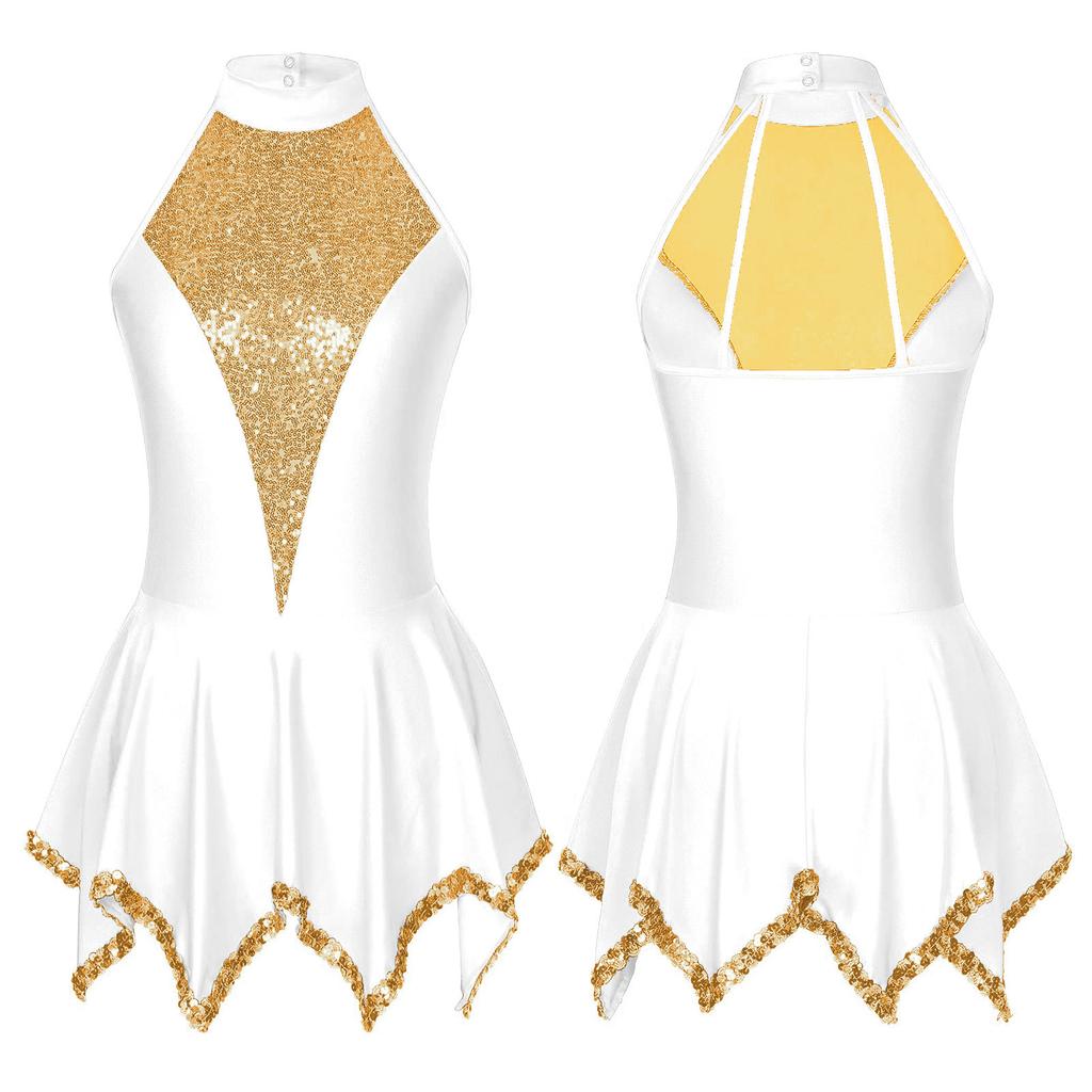 Women Girls Sleeveless Halter Figure Ice Skating Dress Sequins Gymnastic Dance Leotard Competition Costume