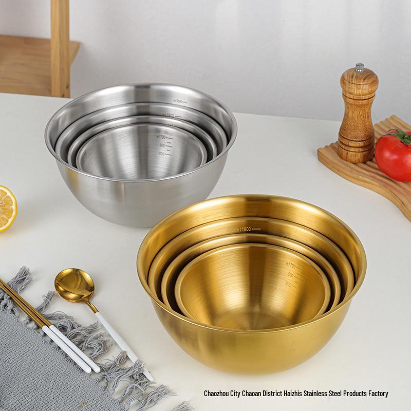 304 Edelstahl Rührschüssel im japanischen Stil mit Skala für Salat, Eierschlagen, Backen und Teigmischen - Goldfarbenes Finish