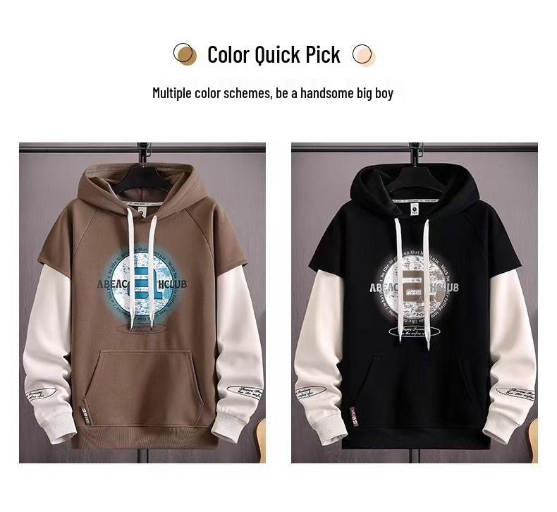 Men's Trendy Letter Print Hooded Sweatshirt - Spring & Autumn Faux Two-Piece Casual Sports Jacket