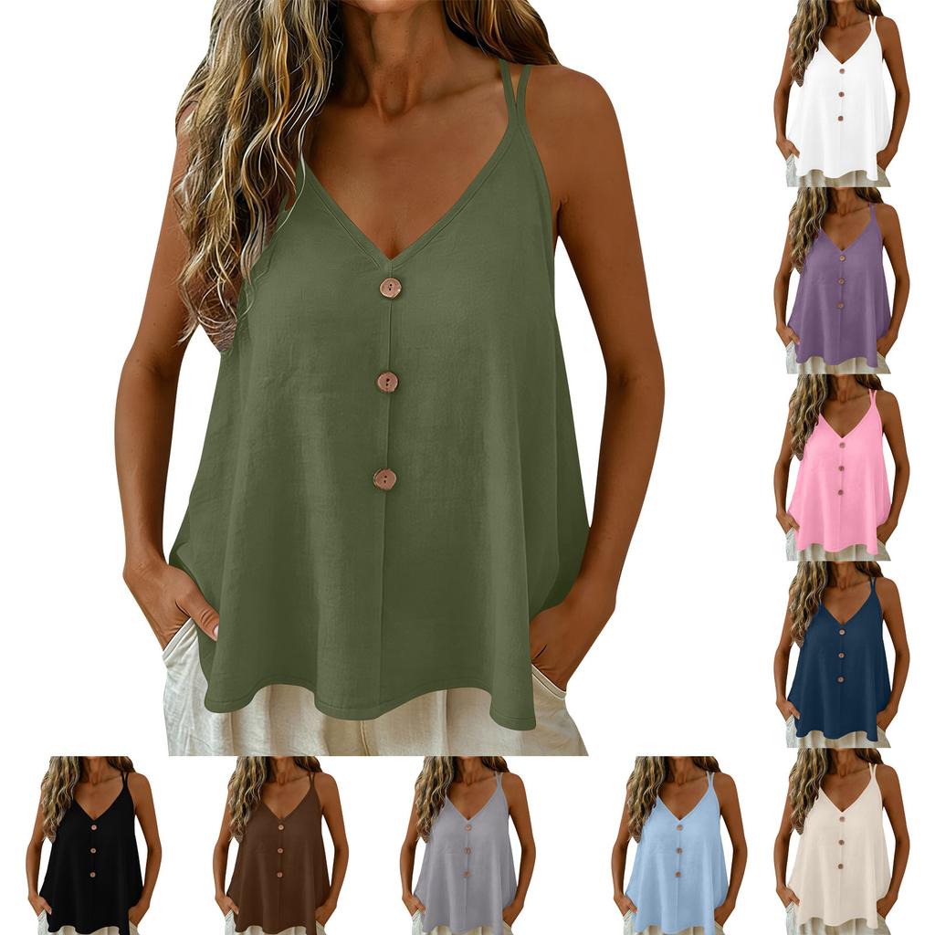 Damen Spaghetti-Träger Leinen Tanktop Leicht Locker V-Ausschnitt Ärmellose Bluse