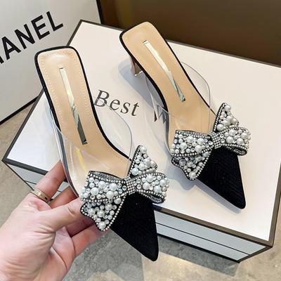 Süße Schuhe für Damen Reizende Hausschuhe Damen Basic Pantoletten Ausgefallene Hohe Absätze Uni Spitzschuh Schleife Sommer Hausschuhe