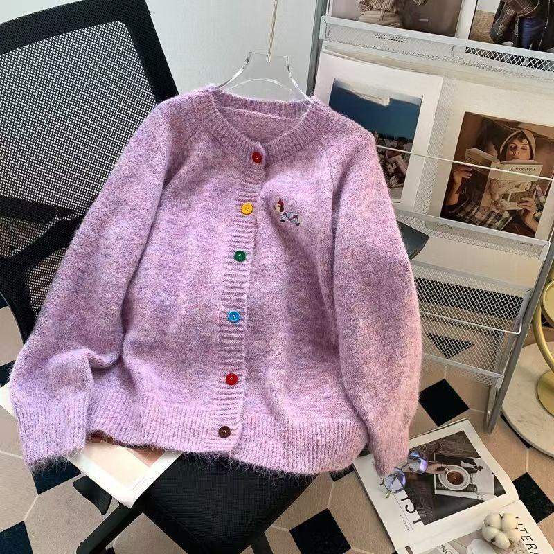 Korean-Style Crew Neck Dog Pattern Knit Cardigan for Women: Autumn Winter Versatile K-Style Sweater Top