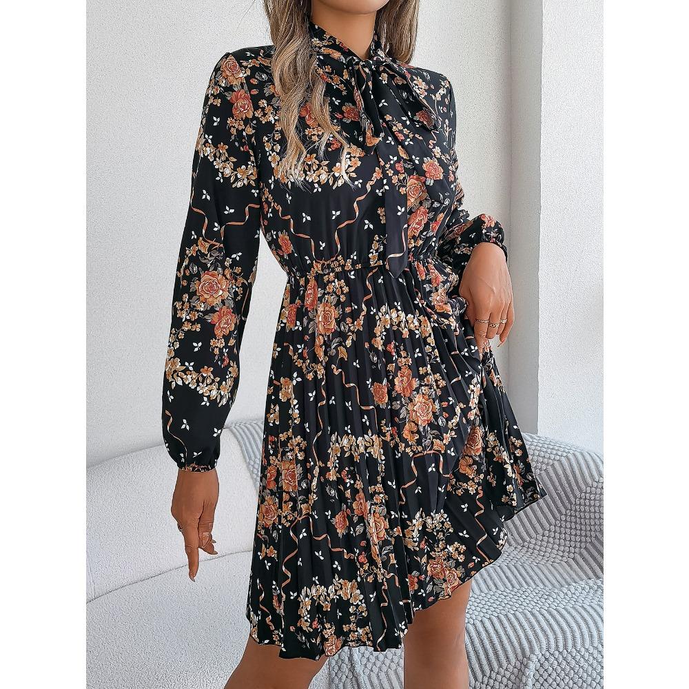 New Elegant Floral Tie Waist Long Sleeve Pleated Skirt Women's Fashion Dresses