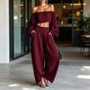 Zweiteiler für Damen Langarm Off-Shoulder Crop Top Weite Hosen Set Sommerurlaub Ausgehen