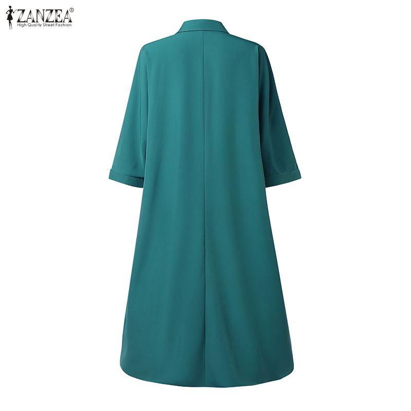 ZANZEA Women Casual Turn Down Collar 3/4 Sleeve Loose Dress