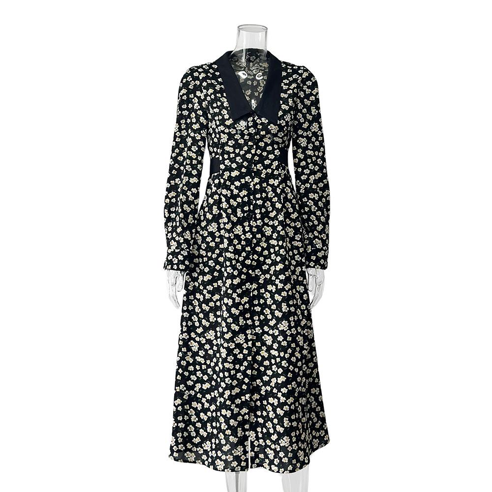 Spring and autumn French temperament floral coffee break long dress women s European and American fashion lace-up dress S