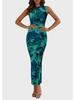 2024 Women's Floral Ruched Mesh Bodycon Dress - Sleeveless, Round Neck