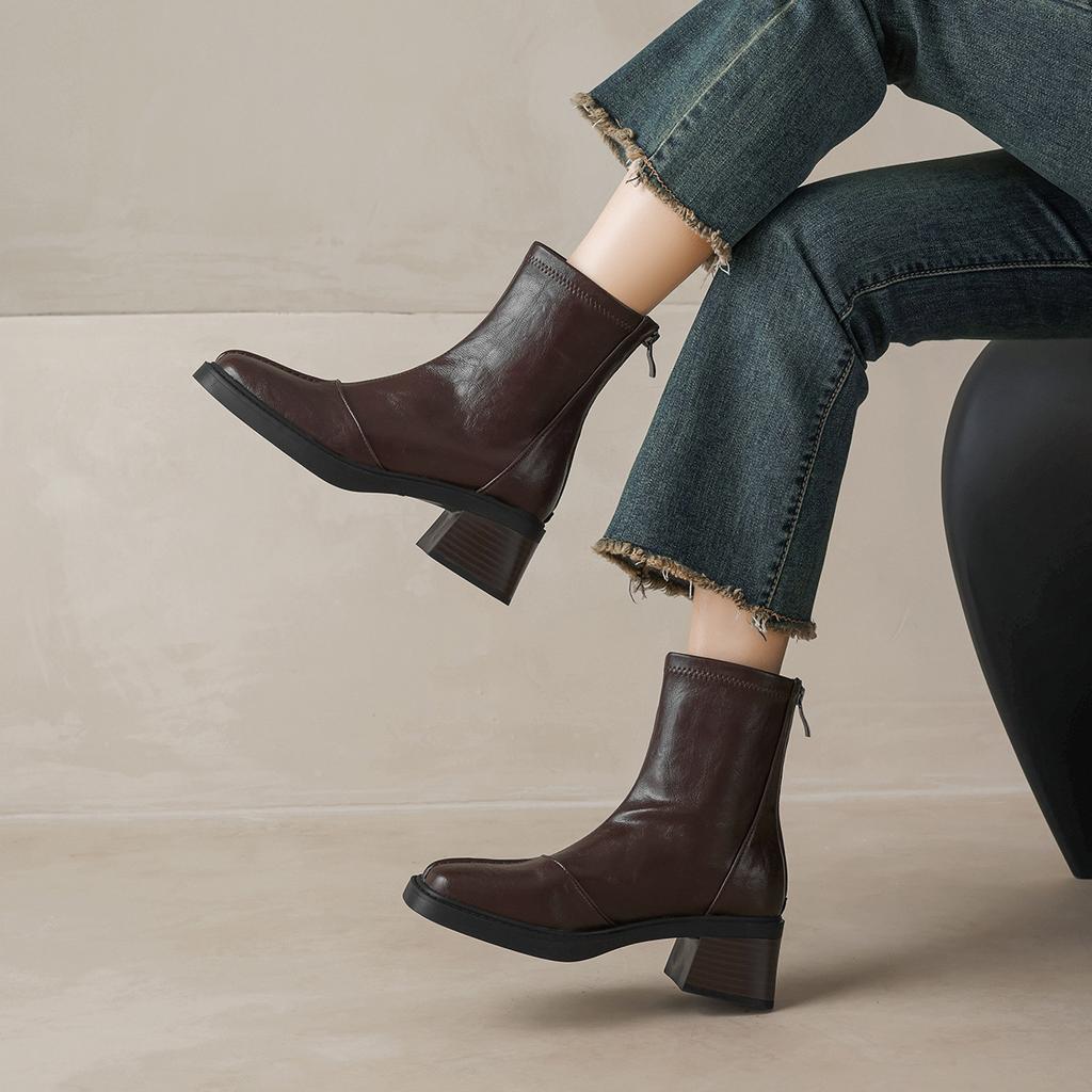 High heeled short boots for women in autumn and winter 2026  thick heel short tube square toe short boots with plush slim boots