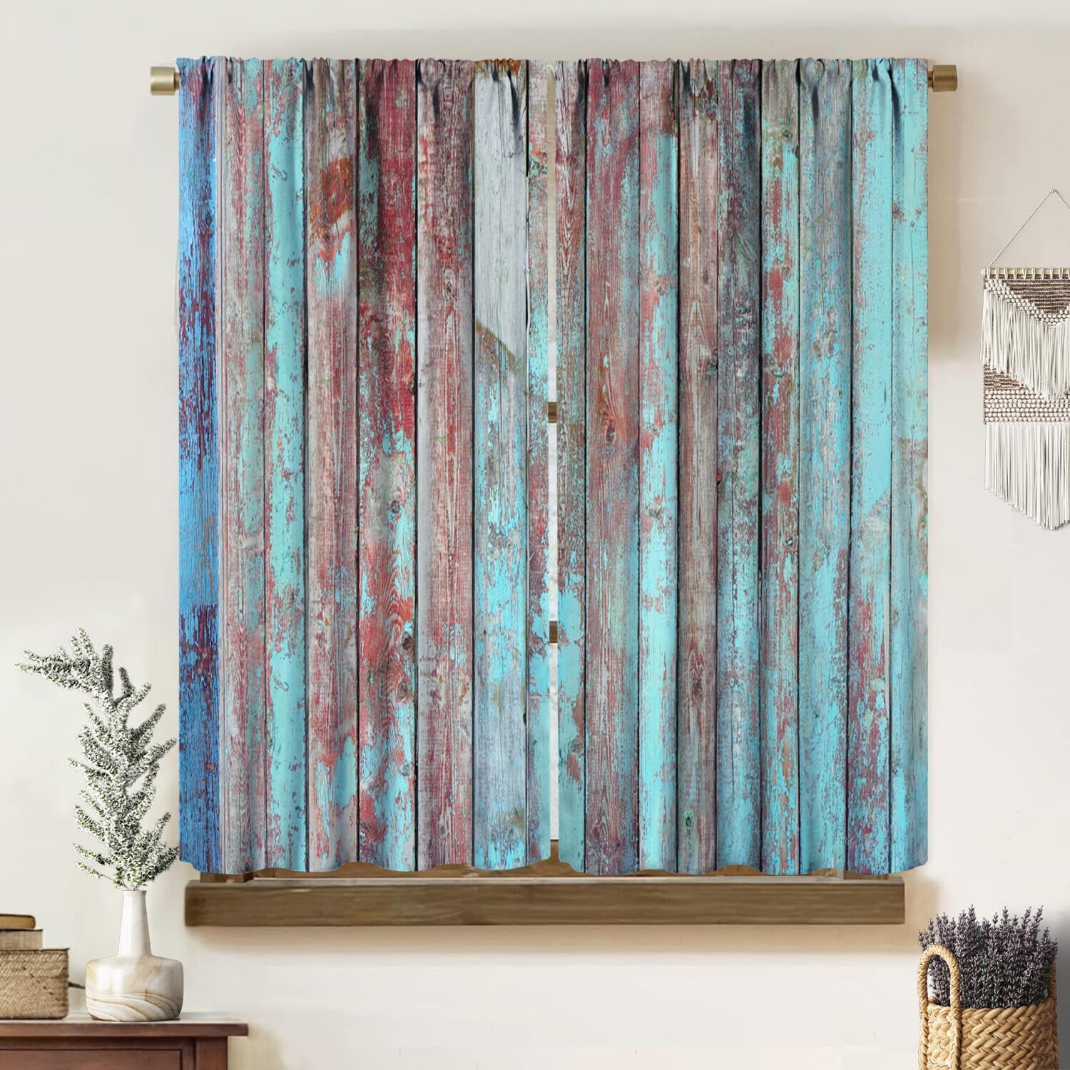 

Barn Door Window Curtains Blue Retro Wooden Rustic Cabin Farmhouse Rural Farm Style Print Blackout Rod Pocket Window Treatments 100*130 HOOK 1pcs