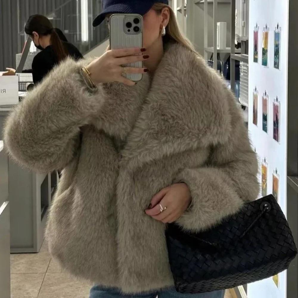 VAYLA Damski Płaszcz Jesienno-Zimowy ze Sztucznego Futra Pluszowy Puszysty Damska Kurtka Nowość Odzież Wierzchnia Biały Czerwony Szary Czarny Mieszanki Wełny Płaszcze