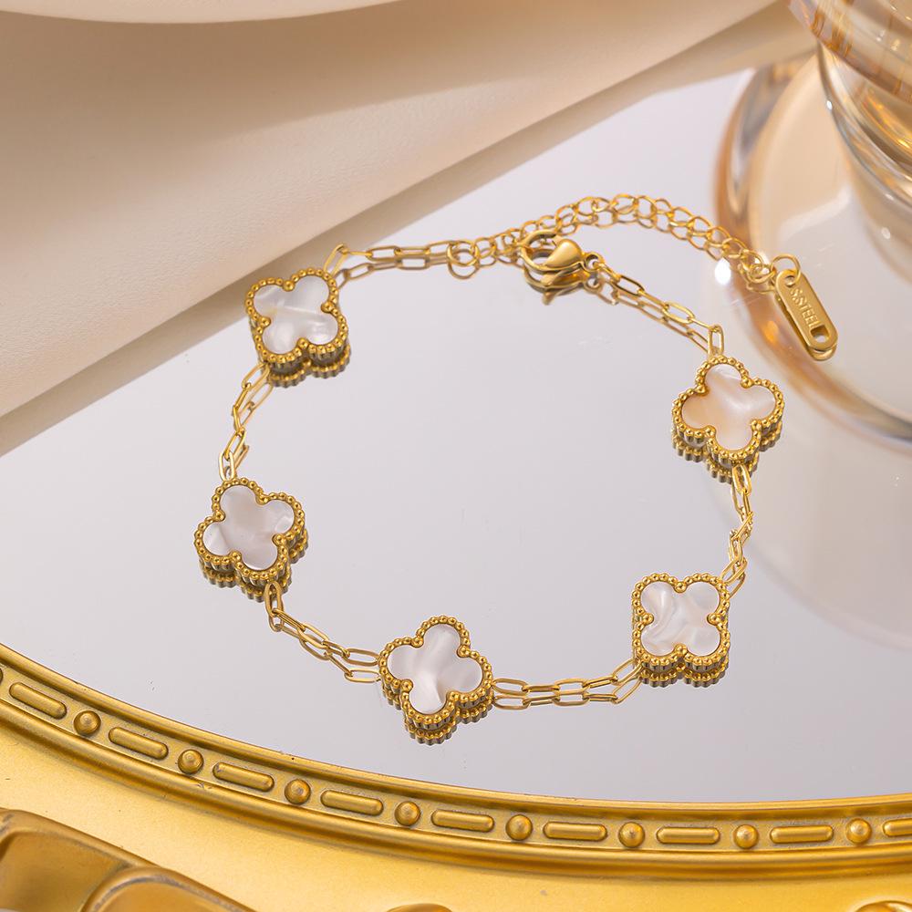 Light Luxury Double-Sided Four-Leaf Clover Bracelet Women Lucky Flowers Hand Jewelry Titanium Steel Simple Fashion Temperament Bracelet