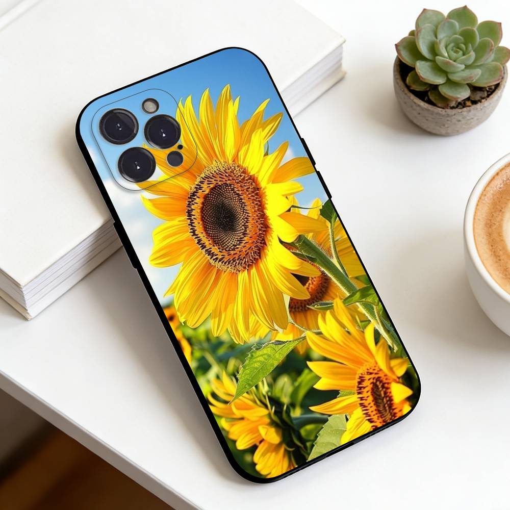 Sunflower&Sunny Day For iPhone 16,15,14,13,12,11,XS,XR,X,8,7,Pro,Max,Plus,mini Silicone Black Cover