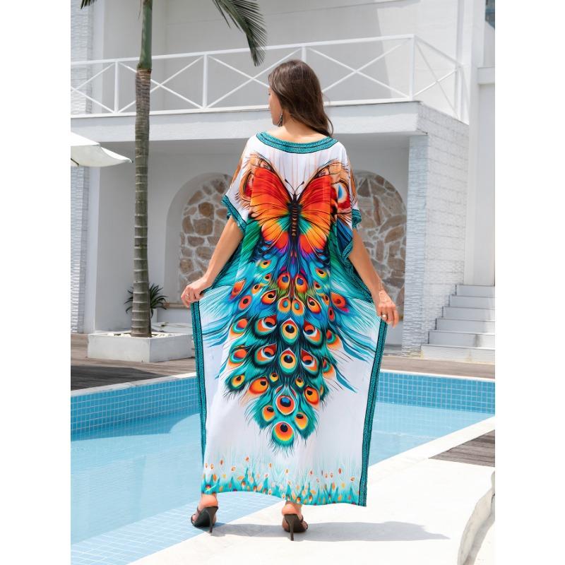 Damenmode Sommer Frühling Federdruck 1/2 Ärmel V-Ausschnitt Lockere Taille Freizeitkleider