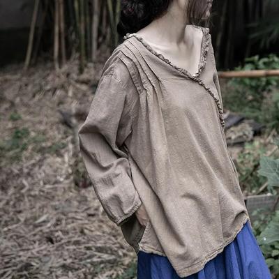 Women Vintage Patchwork V-Neck T-Shirts Long Sleeve Solid Color Autumn Tees Loose Cotton Linen Women T-Shirts