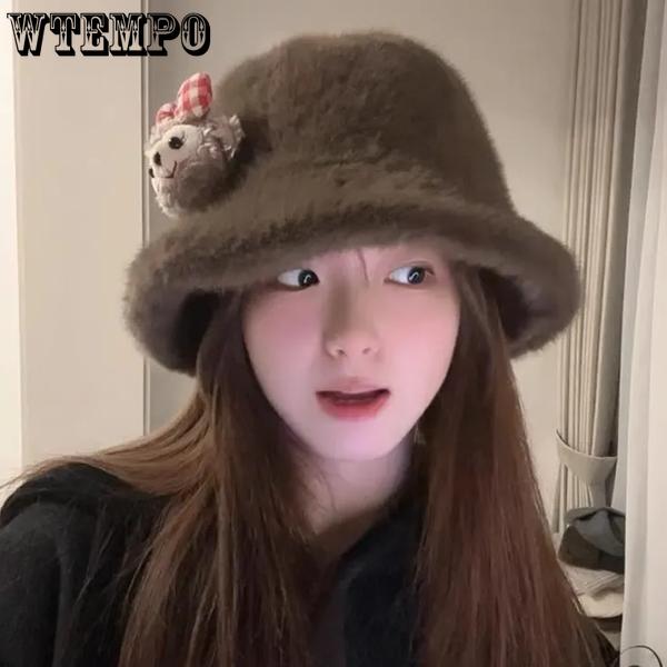 WTEMPO Cute Casual Versatile Plush Hats Women's Autumn Winter Retro Elegant Warm Thickened Soft Solid Color Windproof Cold-proof Hats