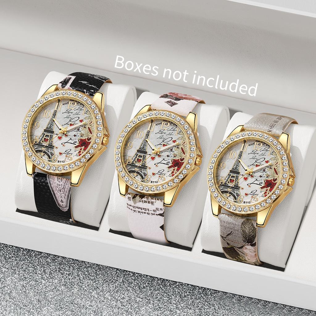 Fashion Rhinestone Women's Watch Flowers Printed Leather Band Female Quartz Watches