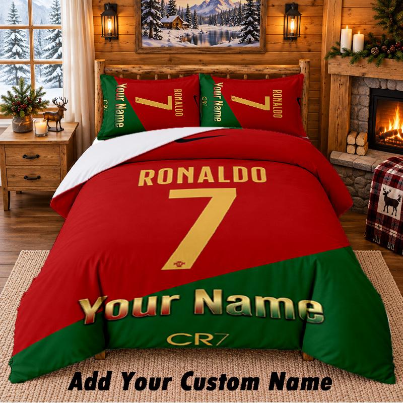 Cristiano Ronaldo Pattern Bedding 3Pcs Set Custom Name, Bed Sheet And Pillowcases For Home Bedroom