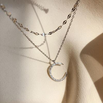 925 Sterling Silver Moon Star Choker Necklace for Women Double Layer CZ Party Jewelry Gifts S-N733
