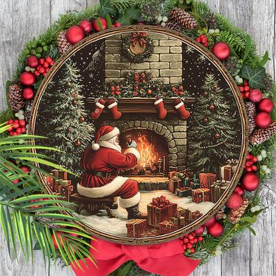 Vintage Holzweihnachtsschild mit Weihnachtsmann- und Kaminmuster, Rundes Weihnachtsabendschild zur Wanddekoration für die Haustür, Ideales Weihnachtsgeschenk