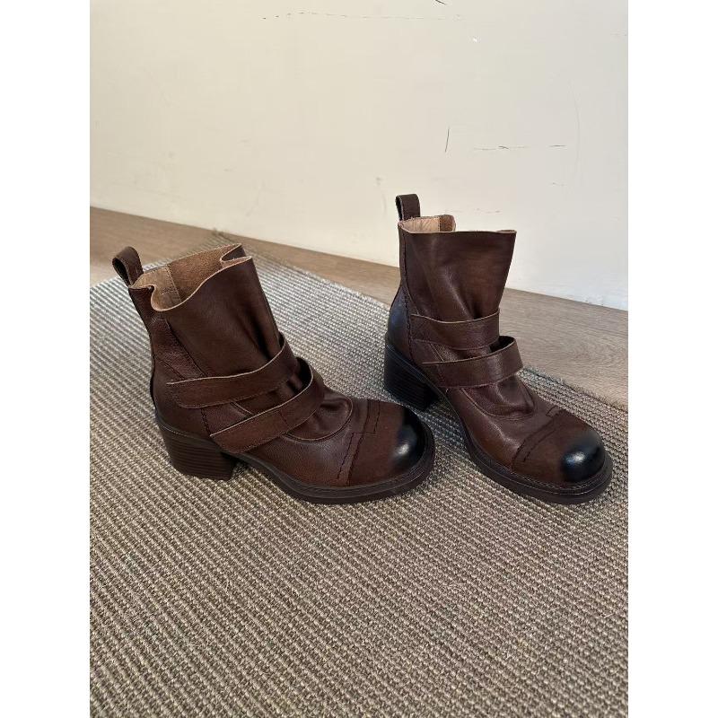 

Sheepskin version ~ retro high-heeled boots women s new versatile pleated Velcro thick-heeled western Martin boots skinny boots 40 коричневый