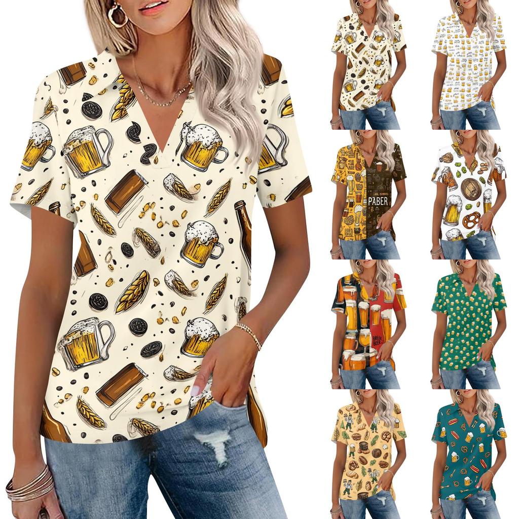 Women’s Casual V Neck Short Sleeve Collared Shirt with Festival Print Relaxed Fit Lightweight Top for Summer