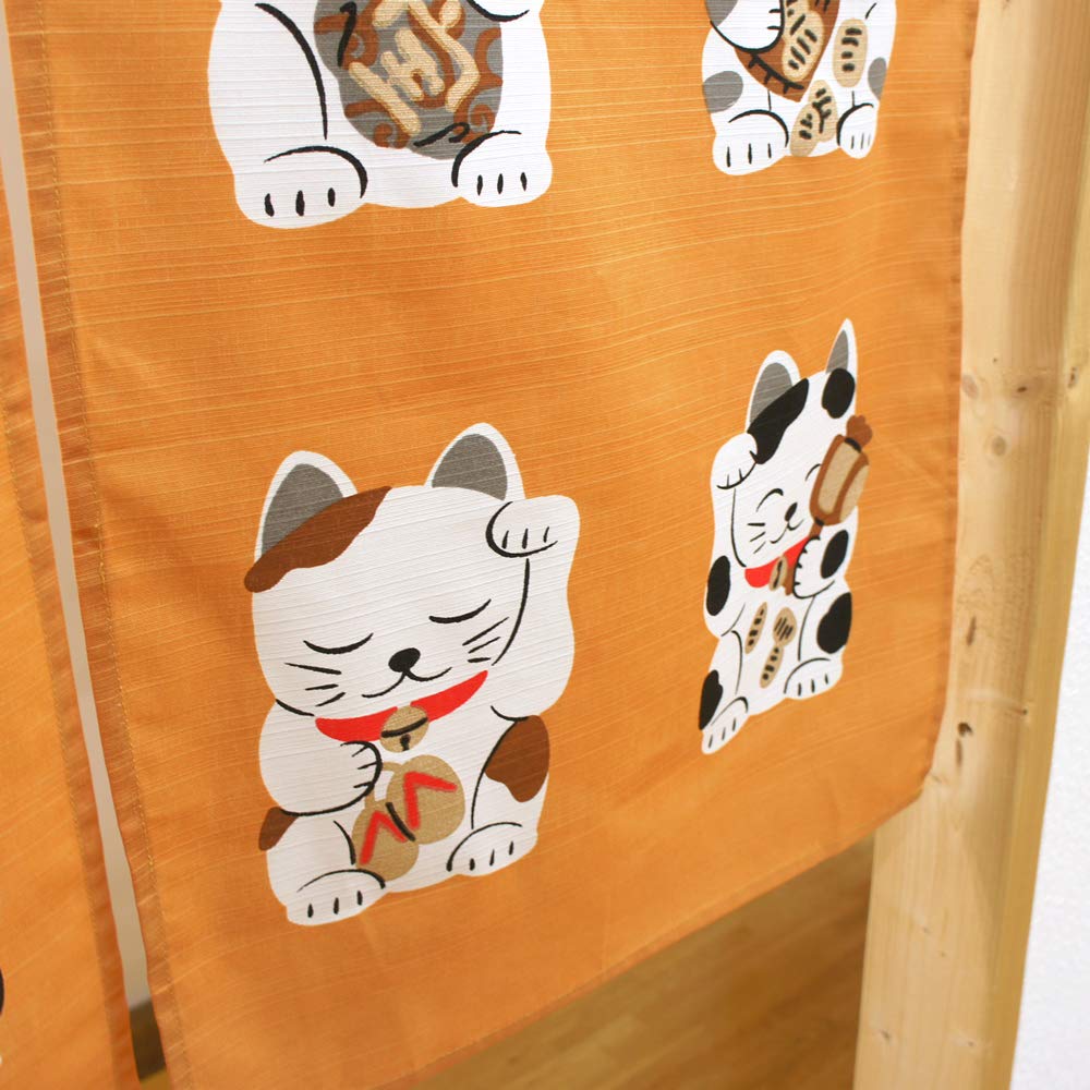 Noren Kobo Japonský vzor Kočka 85 cm Široký x 90 cm Maneki Neko Krátký 3013 Závěs, Dlouhý, (Šťastná kočka), Délka, Žlutá,