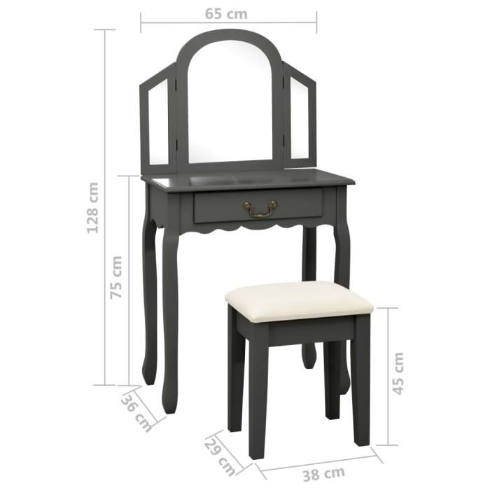 VidaXL Coiffeuse et tabouret Gris 65x36x128 cm Bois de paulownia MDF