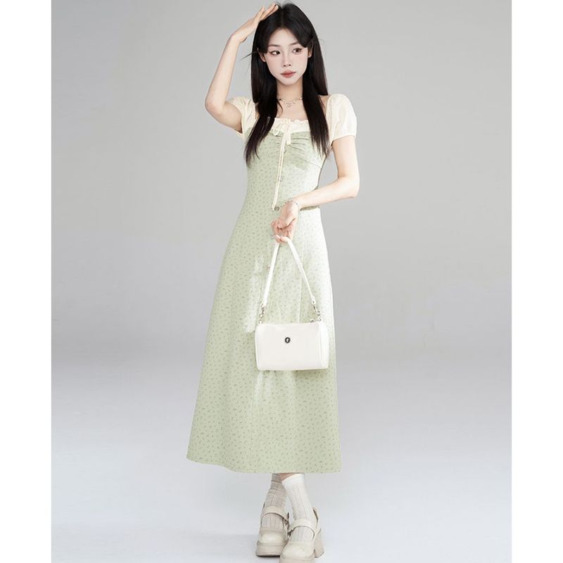 

2024 Summer New Style Fresh Fake Two Pieces Patchwork Lace-up Floral Waist Hugging Slimming Short sleeve Square Collar Jumpsuit Long dress Fake Two-Piece Green Dress XL