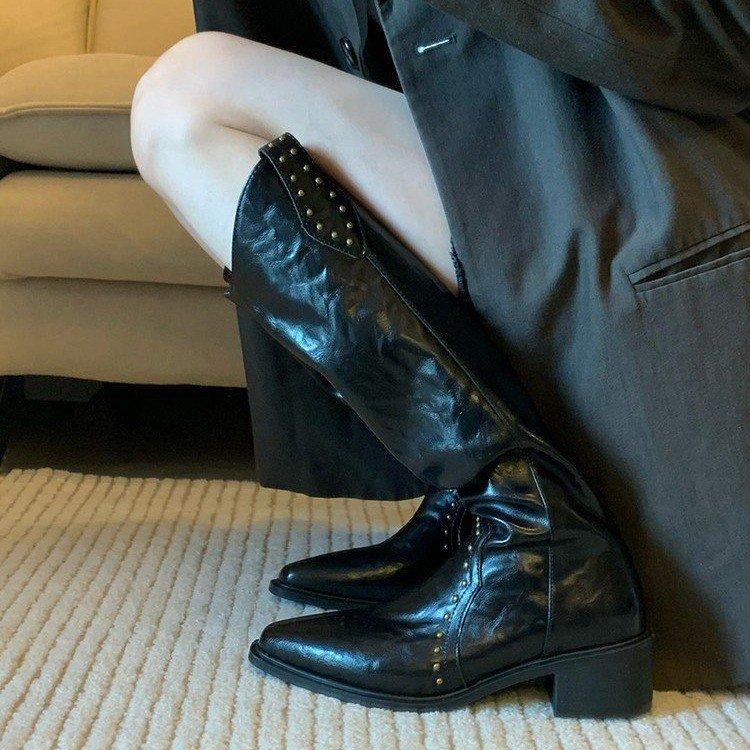 

Blue Cabinet Edition~ V-mouth Rivet Pointed Western Cowboy Boots But Knee Boots High Heel Boots Women s Tall Knight Boots 40 чорний