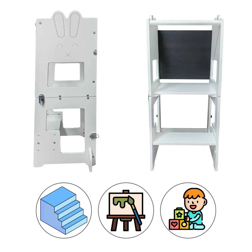 Kitchen Helper Foldable Aid Easel Toddler Step Stool for Kids Step-Up Standing Tower Learning Stool Hare White