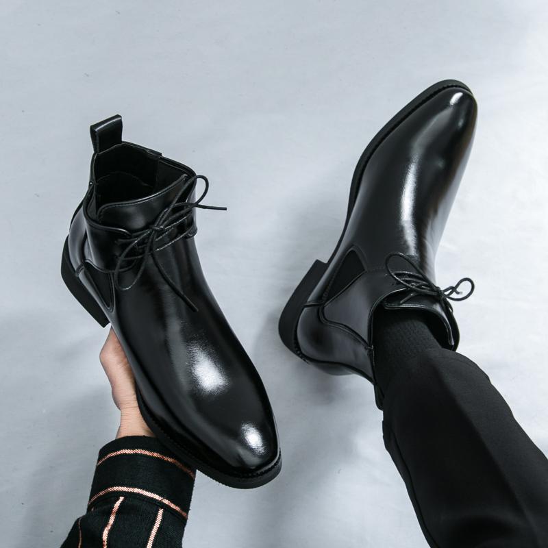 Fashion Fashionable Men's Comfortable Lace Up Polished High Top Leather Shoes Autumn Men's Pointed Business Breathable New Knight Boots