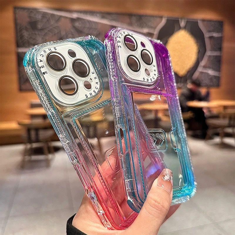 Colorful Bright Gradient Card Slot Wallet Clear Case For iPhone 16 Plus 15 14 13 12 Pro Max Candy Color Bumper Soft TPU+PC Cover
