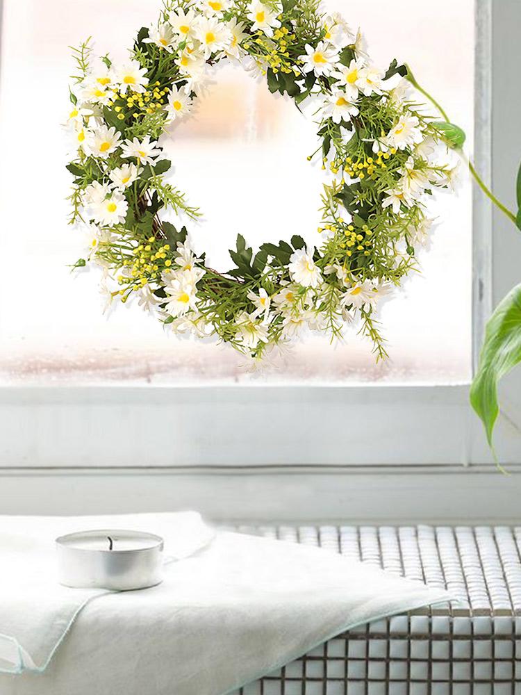 Artificial Daisy Wreath 35cm Diameter Faux Flower Wreath Spring Home Decoration for Door Wall Yellow