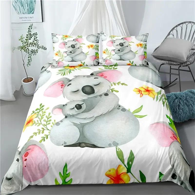 Cartoon Koala Cute Animal Leaves Flowers Comfortable Duvet Quilt Cover Pillowcase Bedding Set Bedroom Decoration Home Textile
