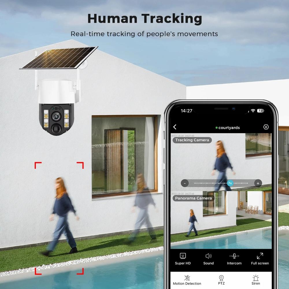 Solar-powered Surveillance Camera, Outdoor Waterproof, Wide-angle 10x Zoom, WIFI/4G Automatic Tracking Security Camera