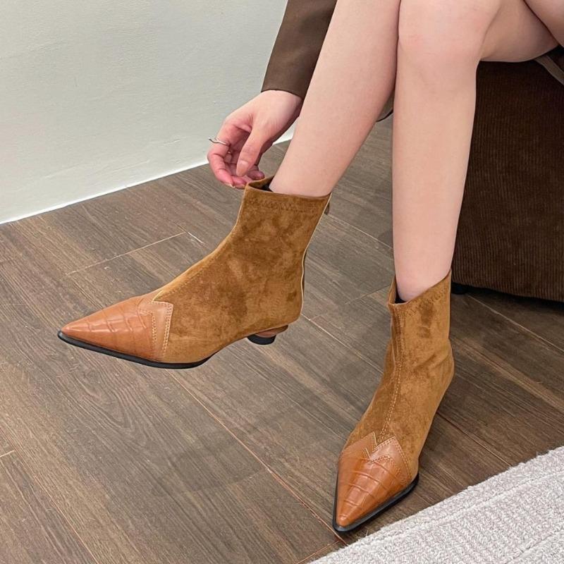Shaped Heel Booties Fashion Pointed Toe Paneled Suede Zipper Non-Slip Wear-Resistant Low Heel Shoes