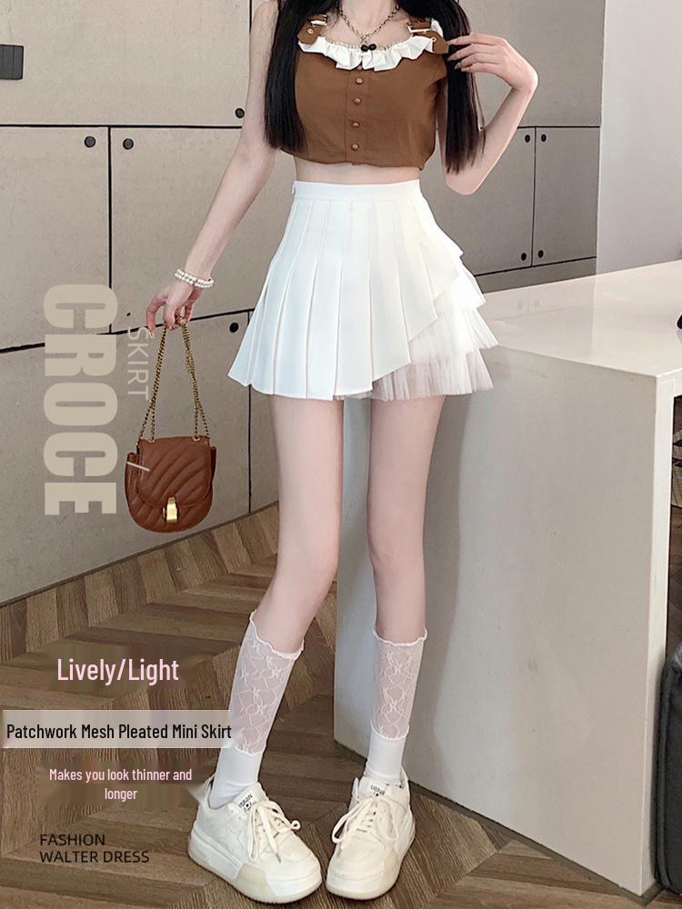 

2024 Summer White Mesh Pleated High-Waist A-line Midi Skirt for Women Extra Small белый
