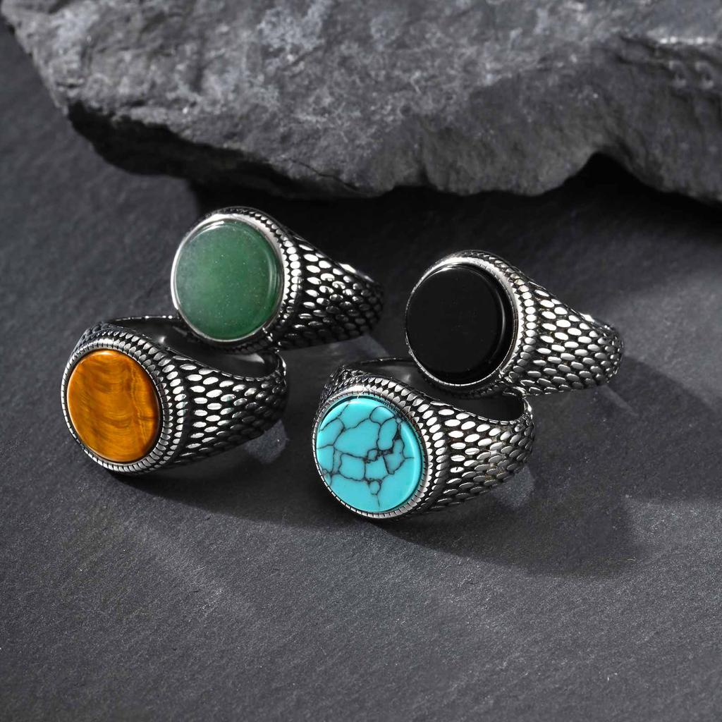 Vnox Stainless Steel Round Natural Stone Signet Ring for Men Boys, Punk Vintage Ethnic Style 15.8mm Wide Band Rings Jewelry Gift