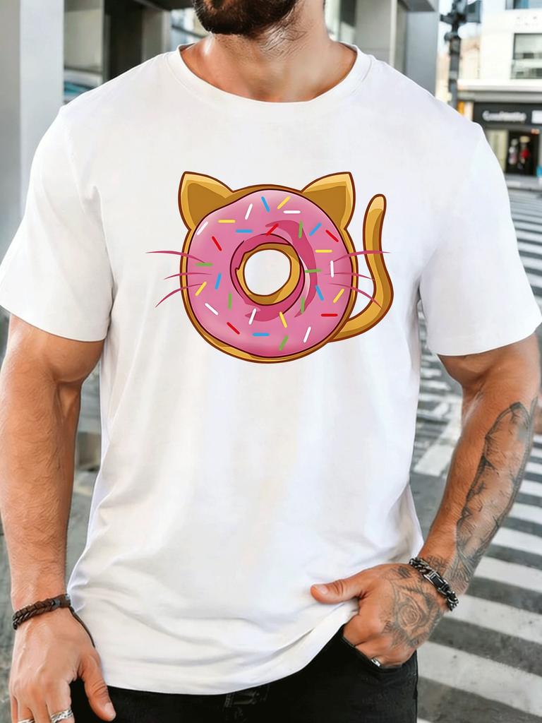 Unisex Short Sleeve T Shirt Cat Ear Donut Graphic Tee Sweet Food Print Tops Summer Soft Cotton Casual Street Wear For Adult Male