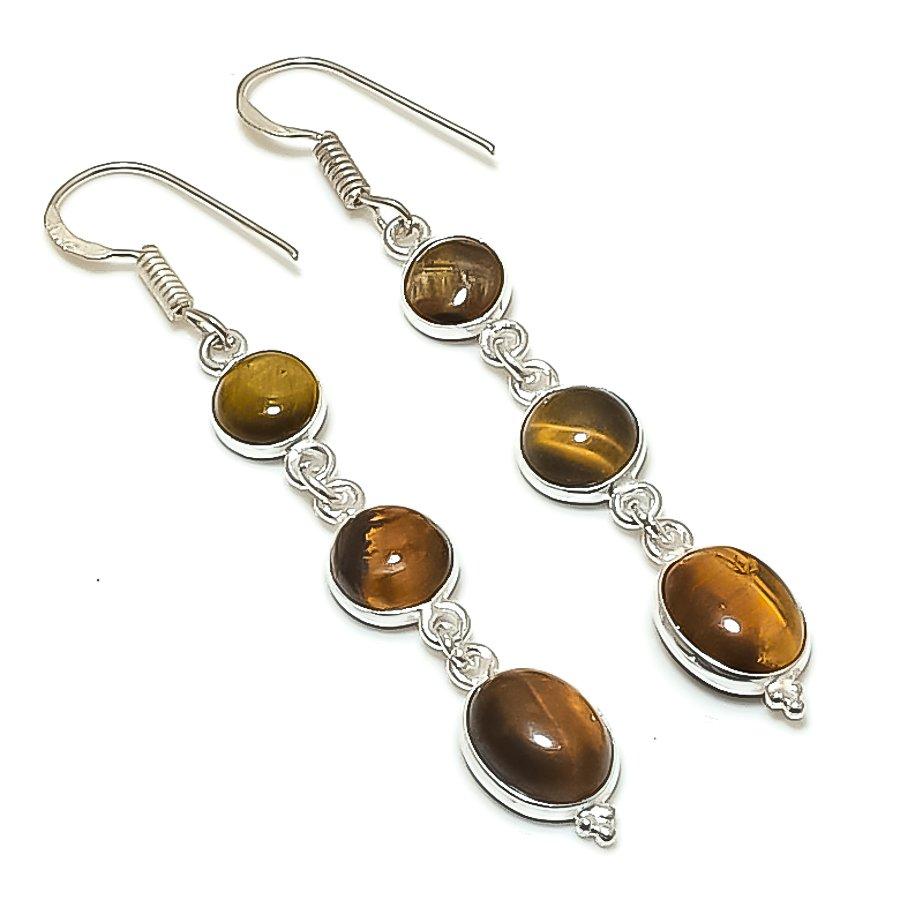 Натуральный камень Тигровый глаз Ручная работа Серьга из стерлингового серебра 925 пробы 2,44 AE-11685