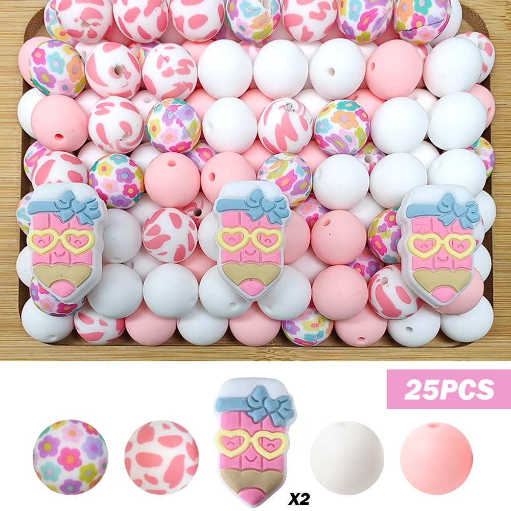

25/32PCS learning pencil series silicone bead set, perfect for DIY handmade crafts such as keychains, necklaces, bracelets, etc