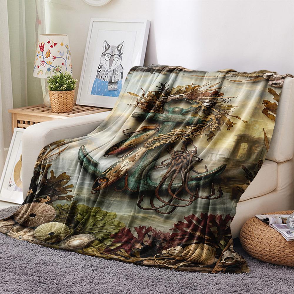 1PC Fish hook  Print FlAannel Blanket, High quality Comfortable for All Seasons, Home Decor, Warmth and Comfort